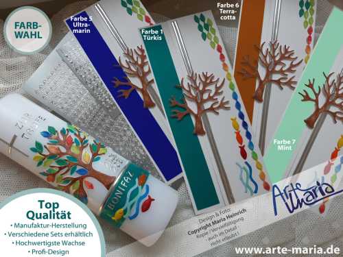Bastelset für DIY Taufkerze Lebensbaum „Bonifaz“ | Kunterbunte Blätter / kühles Türkis / Silber | Für Jungen und Mädchen | Serie Bonifaz - Kombi 2