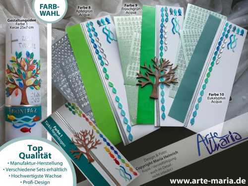 Bastelset für DIY Taufkerze Lebensbaum „BONNI“ Grün | Blätter in Acquafarben / Trenfarben / Silber | Für Jungen und Mädchen | Serie Bonifaz
