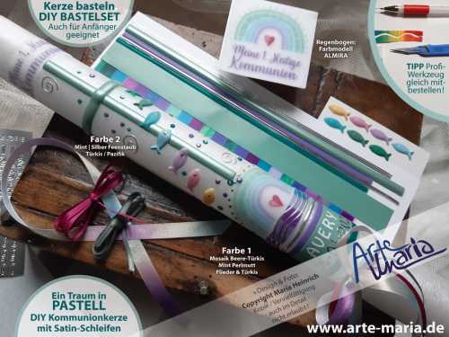 BASTELSET Pastell „Avery“ Regenbogen Kommunionkerze Satinband / DIY selbst basteln | Mädchen Echtes Wachsbild! Keine billige Kerzenfolie!
