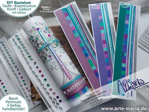 DIY Bastelset Lebensbaum NATANJA© mit Glitzerelementen | Perlmutt-Band 3-farbig handbemalt | exclusives ArteMaria-Mosaikwachs