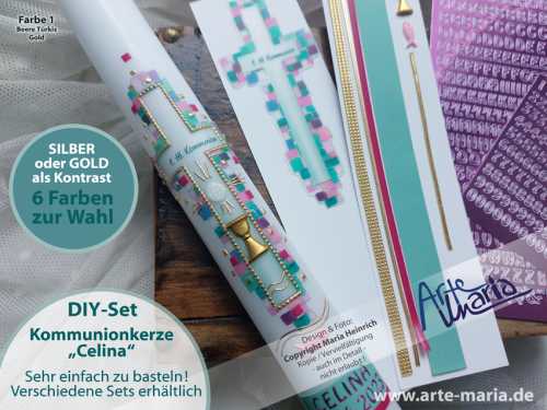 DIY BASTELSET Kommunionkerze Mosaik-Design Celina© Serie Matthea© Farbwahl | Super einfach nachzubasteln | Verschiedene Sets | Junge Mädchen neutral