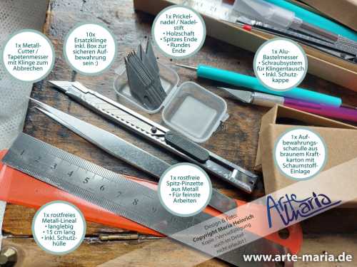 ALL IN ONE | DIY-Set Bastelwerkzeug | Bastelskalpell • Metall-Lineal • Prickelnadel  • Tapetenmesser / Cutter • Pinzette • Schatulle • 10 Ersatzklingen