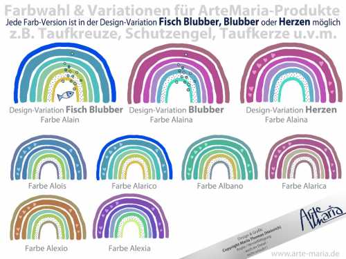 Taufkreuz ALAIN Serie ALMA© Regenbogen Herzen, Fisch mit Blubber oder nur Blubber - schlicht und doch mit liebevollen Details gestaltet - personalisiert