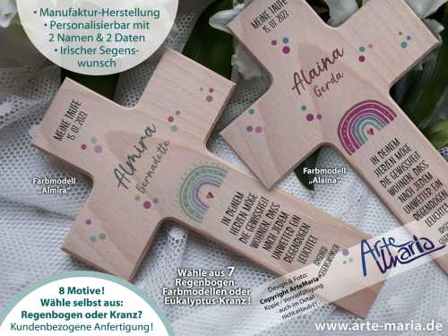 Taufkreuz Kinderkreuz HENRY© mit kleinem REGENBOGEN: 17 Farben zur Wahl ODER Eukalyptuskranz | Farbwahl | Irischer Segenswunsch | Meine Taufe | personalisierbar