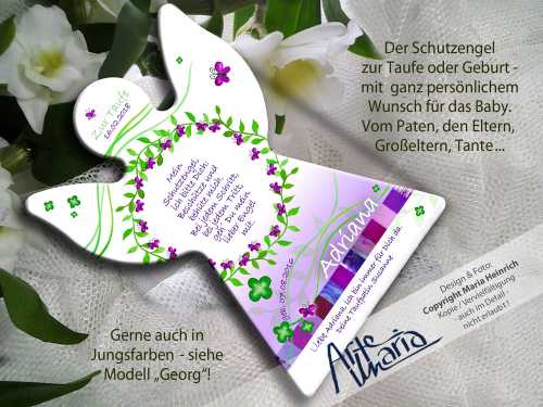 Schutzengel ADRIANA© Blätterkranz & Schmetterlinge | Holzengel | Geschenk zur Taufe & Geburt | Mosaik