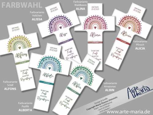 Taufkreuz Serie ALMA© mit Regenbogen FARBWAHL | schlicht und doch mit liebevollen Details gestaltet - personalisiert nach Deinen Wünschen
