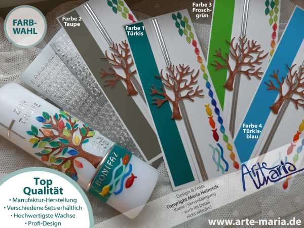 Bastelset für DIY Taufkerze Lebensbaum „Bonifaz“ | Kunterbunte Blätter / kühles Türkis / Silber | Für Jungen und Mädchen | Serie Bonifaz