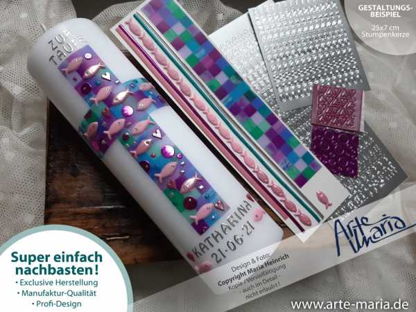 Bastelset für DIY Taufkerze Mosaik „Katharina“ Beere-Türkis / Fuchsia / Rosa / Pink | Silber | Für Mädchen