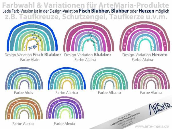 Taufkreuz ALARICA Serie ALMA© Regenbogen Herzen, Fische Blubber oder Blubber - schlicht und doch mit liebevollen Details gestaltet - personalisiert