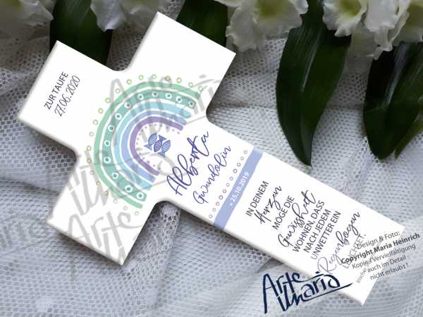 Taufkreuz Serie ALMA© ALICIA Pastell mit Regenbogen - schlicht und doch mit liebevollen Details gestaltet - personalisiert nach Deinen Wünschen