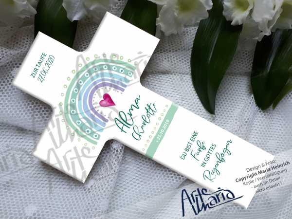 Taufkreuz Serie ALMA© mit Regenbogen - schlicht und doch mit liebevollen Details gestaltet - personalisiert nach Deinen Wünschen