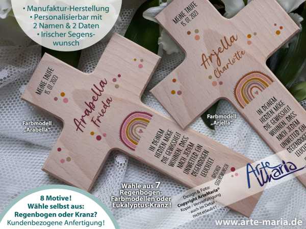 Taufkreuz Kinderkreuz HENRY© mit kleinem REGENBOGEN: 17 Farben zur Wahl ODER Eukalyptuskranz | Farbwahl | Irischer Segenswunsch | Meine Taufe | personalisierbar