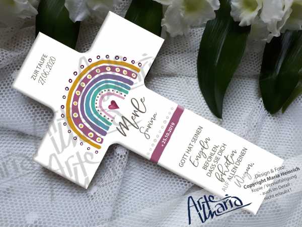 Taufkreuz Serie ALMA© Curry-Altrosa Merle mit Regenbogen - schlicht und doch mit liebevollen Details gestaltet - personalisiert nach Deinen Wünschen