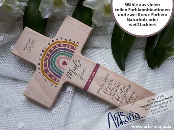 Taufkreuz Serie ALMA© Curry-Altrosa Merle mit Regenbogen - schlicht und doch mit liebevollen Details gestaltet - personalisiert nach Deinen Wünschen