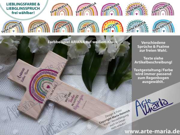 Taufkreuz Serie ALMA© NEUE FARBEN Regenbogen - schlicht und doch mit liebevollen Details gestaltet - personalisiert nach Deinen Wünschen