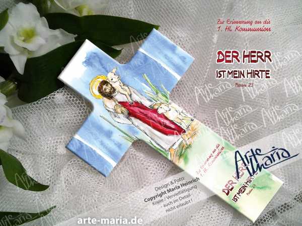 Taufkreuz / Kinderkreuz „Der gute Hirte“© Jesus mit Schäflein | Zur Kommunion | Nicht personalisiert